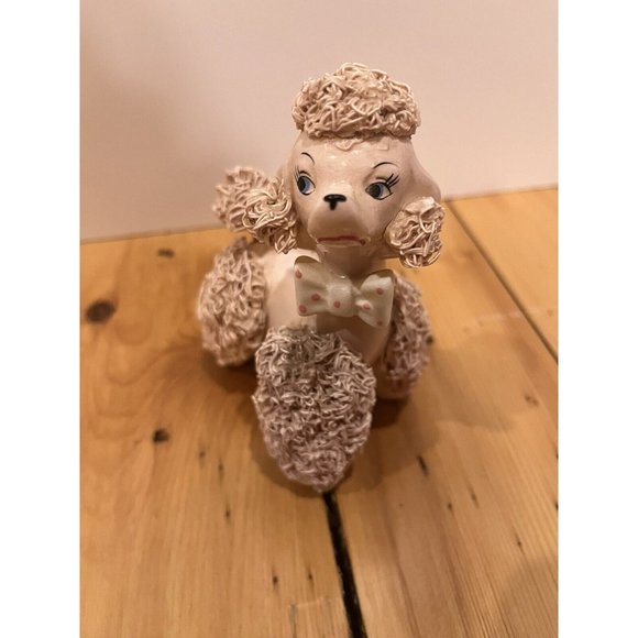 Vintage Pink Porcelain Spaghetti Picky Poodle Figurine MCM With Polkadot Bow Tie - Picture 2 of 8